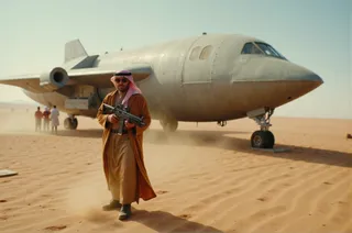 Arabian man wearing a traditional Thobe and headscarf, carrying a high tech rifle, standing on sand dunes in front of a large steel spaceship in a desert setting.