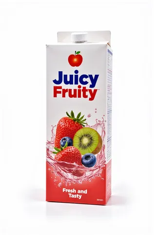 Juice box labeled 'Juicy Fruity' with photo realistic strawberry, kiwi, blueberry splashing in water, white background
