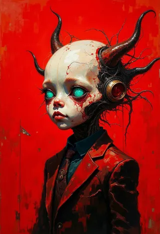 Demonic small robot with porcelain face, glowing turquoise eyes, black twisted horns, wearing a crimson suit against a dark scarlet background