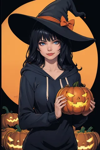 A witch girl with black hair and blue eyes wearing a large black witch hat with an orange bow, holding a glowing jack-o'-lantern pumpkin, set against a full orange moon background with more glowing jack-o'-lanterns.