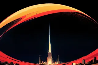 A digital dark cityscape featuring a tall illuminated skyscraper in the center under a night sky, framed by a colorful large crescent shape in warm orange and red tones in lofi retro pop art style.