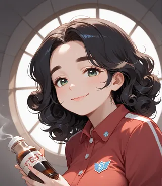Anime illustration of a mature female with curly black hair and greenish hazel eyes, smiling while holding a bottle of juice, wearing a tea rose security guard uniform in a vintage garage setting.