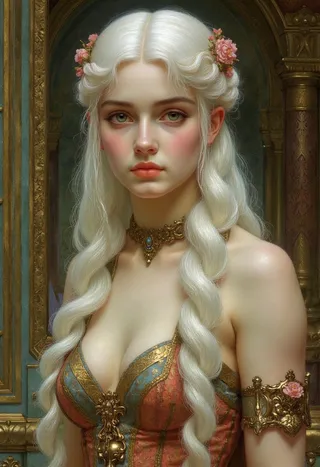 Portrait of a Targaryen princess with long silver hair braided with flowers, wearing ornate Victorian-era jewelry and a richly decorated dress, set against a classical backdrop.