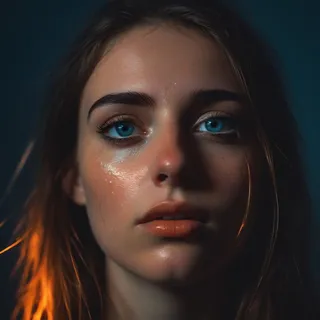 Close-up of a young woman with blue eyes and tears rolling down her face, lit with moody orange and blue lighting and subtle glitch effects.