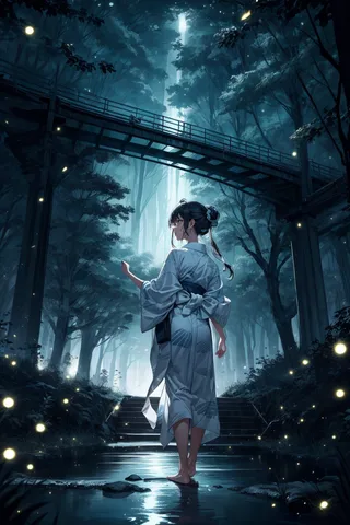 A barefoot girl in a white yukata with an updo hairstyle stands in a dark forest at midnight on a wet pathway under a wooden bridge illuminated by surrounding fireflies and faint dynamic lighting.