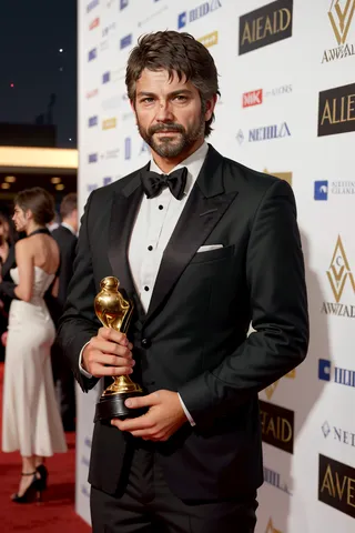 A man with brown hair and beard wearing a black tuxedo and bow tie on the red carpet at a glamorous awards ceremony, holding a golden trophy.