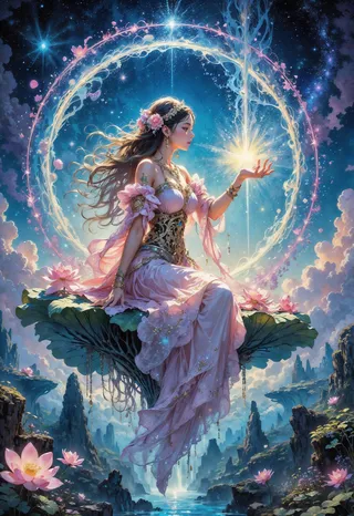 A serene dreamweaver woman in elaborate attire sits on a large floating lotus leaf under a starry sky, weaving glowing threads of light amidst a whimsical, pastel-colored magical landscape.
