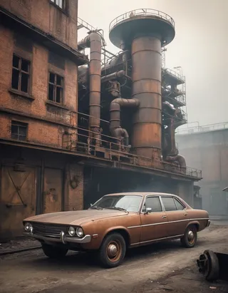 A vintage dieselpunk-style car parked on a dirt road in a smoggy European industrial city with large mechanical and industrial structures in the background.