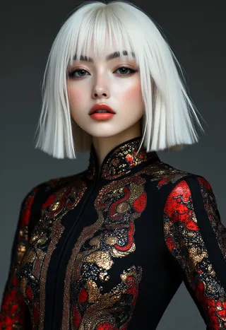 Photorealistic portrait of a Japanese supermodel with white straight-cut bob hairstyle wearing a figure-hugging black cheongsam adorned with intricate gold and red patterns in a cowboy shot composition.