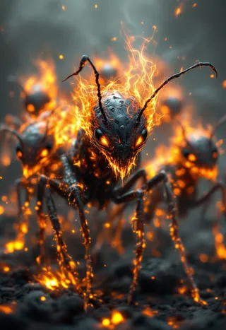 Close-up of fire ants with blackened bodies engulfed in vivid orange flames, glowing fiery eyes, set against a dark smoky background with ash and embers.