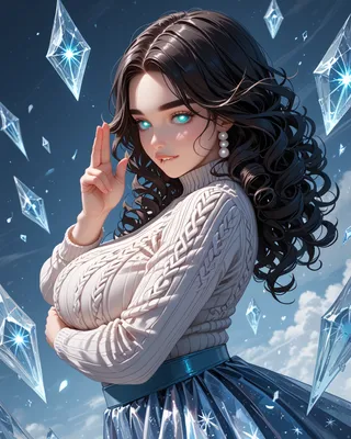 Voluptuous female character with curly black hair and glowing blue eyes wearing a white cable knit sweater and blue metallic skirt surrounded by floating snowflake crystals.