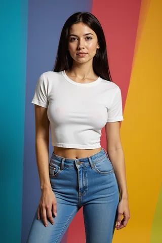 A woman with an hourglass body shape wearing a white cropped t-shirt and blue jeans posing seductively against a vibrant multicolored background with black hair.