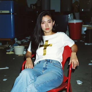 A young Asian woman with long dark hair seated on a red metal chair, wearing a white T-shirt with a large gold cross and loose blue jeans. The background is cluttered and messy, with dim lighting and film grain effects.