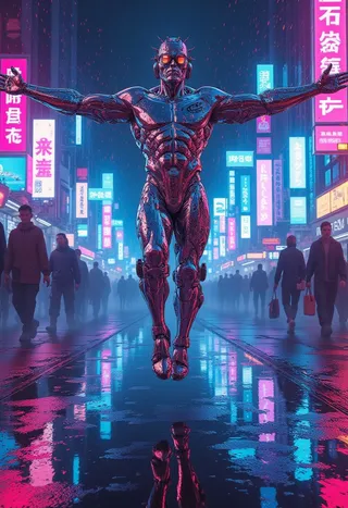 A shiny, muscular metallic man floats with arms outstretched above a wet cyberpunk neon-lit street, reflecting vibrant neon colors on his body.