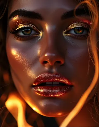 Close-up portrait of a woman's face with metallic lipstick glistening on her lips, surrounded by glowing fire reflections and golden sparkling eyeshadow.