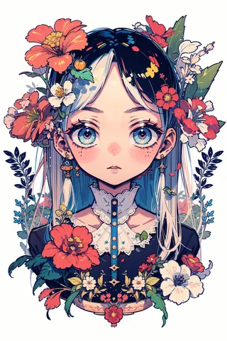 A highly detailed botanical illustration featuring a character in decora kei fashion with large blue eyes, surrounded by vibrant flowers and leaves in a 90's anime-inspired, kawaii style.