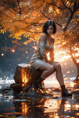 Girl with black hair wearing a white dress and boots sitting on a rock surrounded by autumn leaves and rain with water reflections.