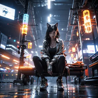 A cyberpunk girl with black hair and cat ears sits on a bench in a rainy neon-lit city, wearing a jacket, sneakers, and showcasing a single mechanical arm.