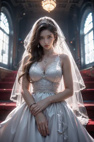 A bride in a detailed lace wedding dress and veil standing indoors with soft light highlighting her jewelry and blue eyes