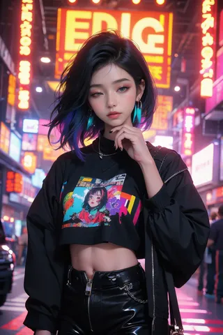 Portrait of a fashionable girl with short, colorful hair in a neon-lit city street, wearing a cropped black shirt, black pants, and turquoise earrings, posing with one eye closed.