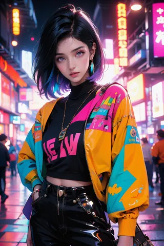 A fashionable young woman with short, multicolored hair wearing a bright vaporwave-style jacket, black shirt, and shiny pants, standing in a neon-lit urban street at night.