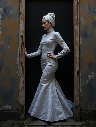 A woman dressed in an intricate white fantasy outfit styled as 1960s Swedish aristocracy, standing elegantly in a worn Gothic doorway with textured ochre walls.