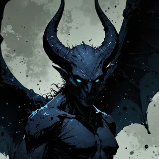 Close-up off-center portrait of a tiefling demon with huge black wings and bright blue glowing eyes in an anime style.