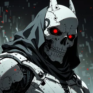Highly detailed black and white android with a skull-like face, glowing red eyes, black hood, and mechanical armor with skull motifs on chest and shoulders.