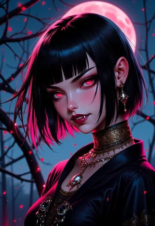 Portrait of a Japanese goth vampire woman with two-tone black and pink bob hairstyle, red glowing eyes, fangs, Egyptian eyeliner, and elaborate gold jewelry, silhouetted against a glowing full moon with a dark, eerie forest background.