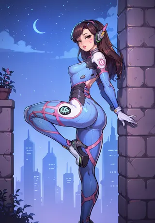 Anime-style illustration of D.Va from Overwatch wearing a blue and pink bodysuit, standing in side view with one leg raised against a night city skyline with a crescent moon.