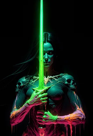 A female figure with deep blue skin holding a glowing neon green sword with dripping, multicolored neon paint on her arms and a dark, skeletal patterned outfit set against a black background.