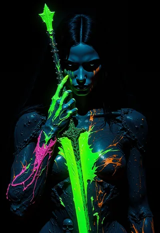 A blue-skinned female figure holding a neon green glowing sword with dripping multicolored neon paint on her hand and arm, set against a black background.