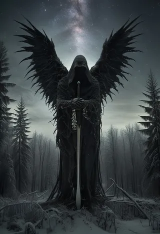 A dark hooded death angel with large black wings stands in a snow-covered winter forest beneath a starry night sky, holding a detailed sword.