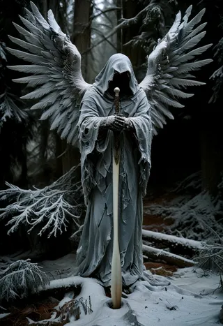 A hooded death angel with large detailed wings stands in a snowy winter forest holding a long sword, surrounded by dense trees.