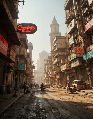 A dusty, sunlit street scene blending Egyptian architecture with cyberpunk neon signs and urban details.