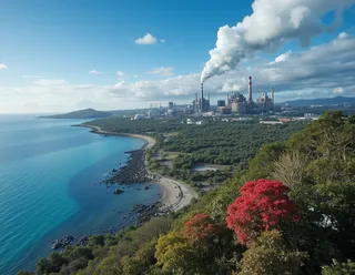Alien world coastline showing crystal clear blue ocean on left and a heavy industrial factory on the right emitting thick smoke, contrasting with colorful exotic plants and a bright blue sky.