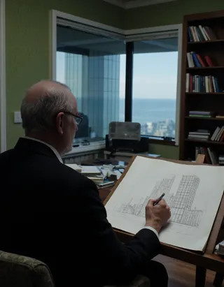 Man in his 60s wearing a black suit and circular glasses is drawing a luxury highrise sketch in his office with green wallpaper, wooden flooring, bookshelf, and ocean view window.