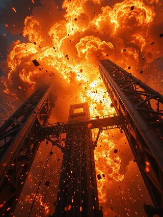 Close-up view of a space elevator engulfed in a massive explosion with a giant fireball, flying debris, and intense flames.