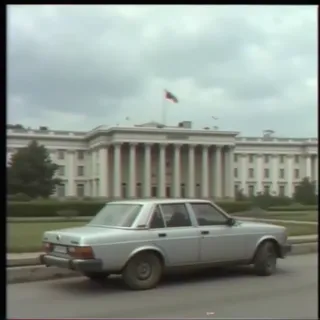Grey Lada car parked outside a large Soviet government building with tall columns and a flag on top under a cloudy sky, in 90s VHS style.
