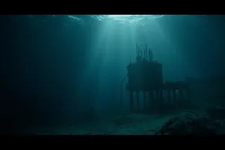 Dark underwater ocean scene showing a dimly lit research facility on the sea bed with light rays penetrating the water.