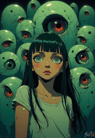 A cyberpunk young girl with apprehensive large eyes stands before numerous disembodied bloodshot eyes, illuminated by eerie green light.