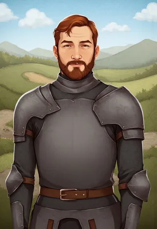 Portrait of a middle-aged male knight with dark auburn short hair and beard, wearing historical full plate armor, standing against a medieval landscape background.