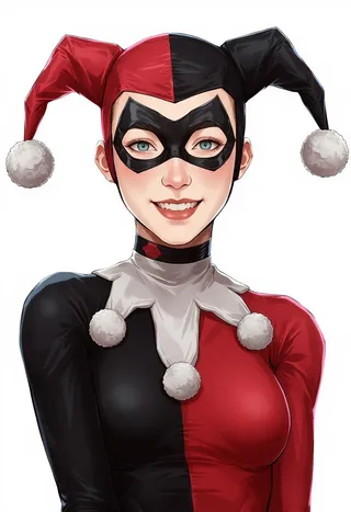 A digital portrait of a young woman dressed as Harley Quinn wearing a black and red jester costume with a black and white face mask, bright blue eyes, and a cheerful smile.