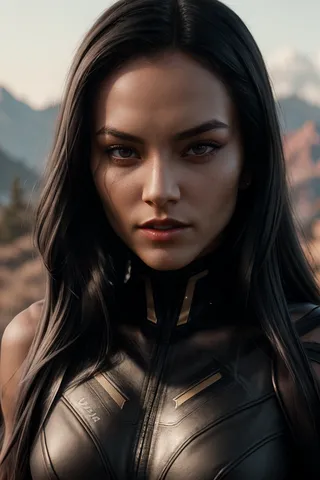 Close-up cinematic portrait of a woman with long dark hair wearing black and red biker gear, smokey eye makeup, and red lipstick, with rocky mountains in the background and sunlight creating lens flare effects.