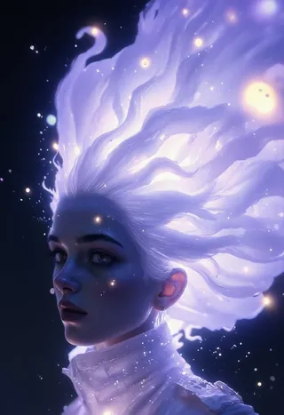 Close-up portrait of an ethereal woman with glowing translucent ghostly hair, wearing a white high-collar parka with glowing runes under dim dark background.