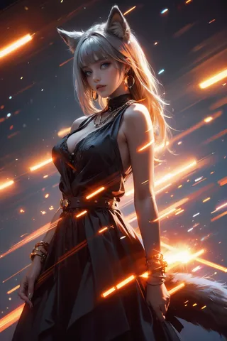 A striking wolf girl with white animal ears and multicolored long hair wearing a black sleeveless dress and gold jewelry, glowing orange light streaks surrounding her.