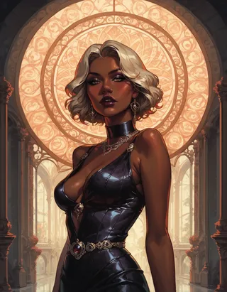 A goth African woman with dark skin and platinum blonde hair wearing an elegant black gown standing in front of an ornate circular art deco window in a grand hallway.