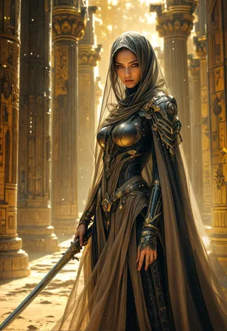 A female warrior wearing detailed medieval armor and a hooded cloak standing in an ancient temple with golden light and ornate columns, holding a sword.