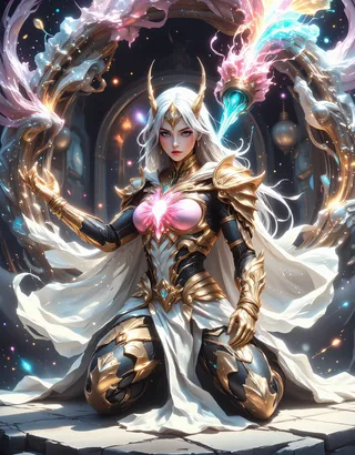 A fantasy warrior woman kneeling in a magical otherworldly setting, wearing intricate golden armor and a flowing white cape, with glowing energy emanating from a power glove.
