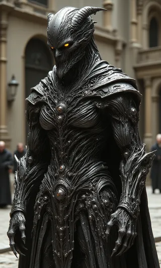 A dark surrealism style mechanized figure with intricate demonic armor, glowing orange eyes, black metallic texture, and horned helmet in a historic courtyard.